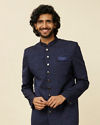 Dark Blue Medallion Patterned Achkan Style Sherwani Set